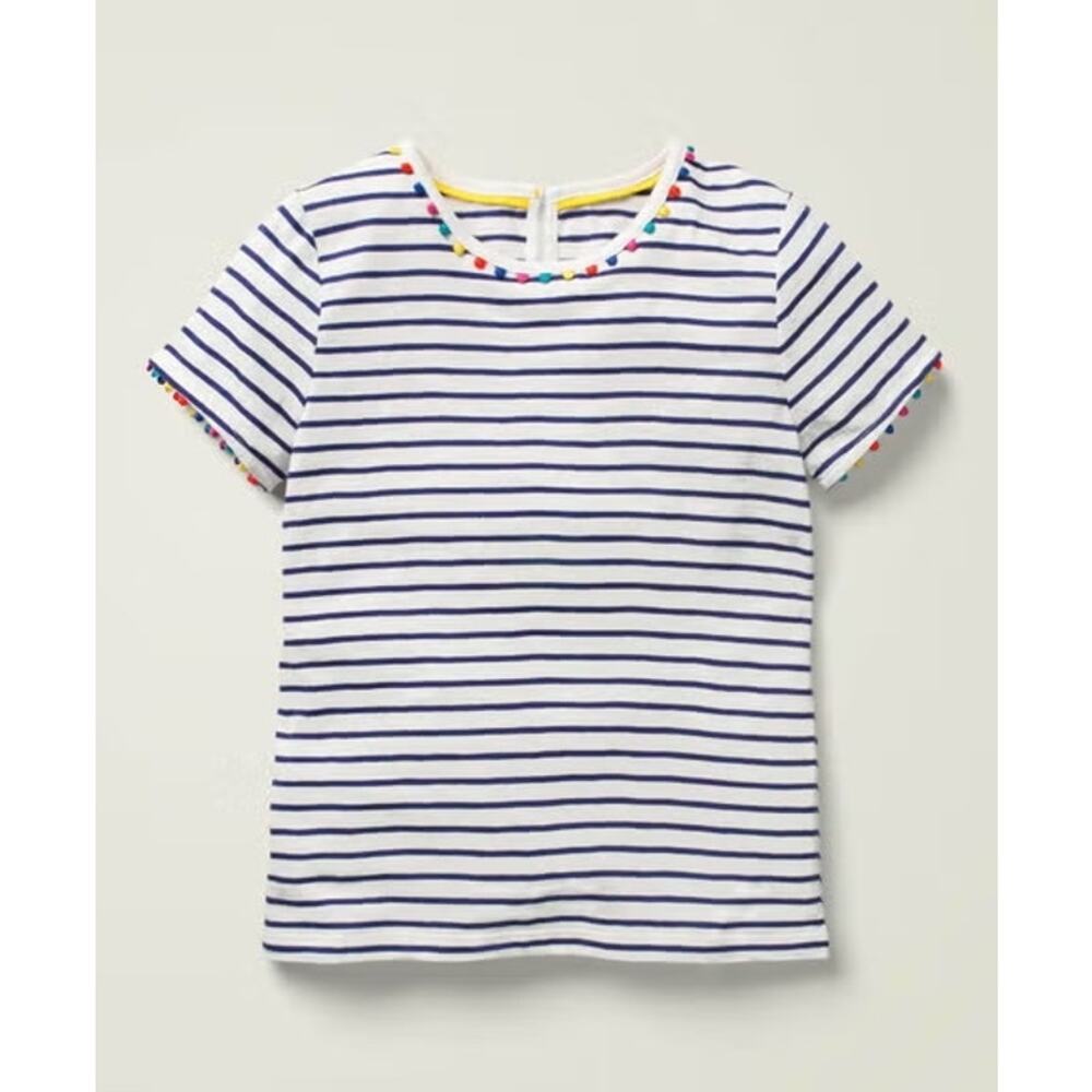 Mini Boden 'Charlie' Pom Pom Stripe T-Shirt in WHITE /BLUE STRIPED (11-12Y)
